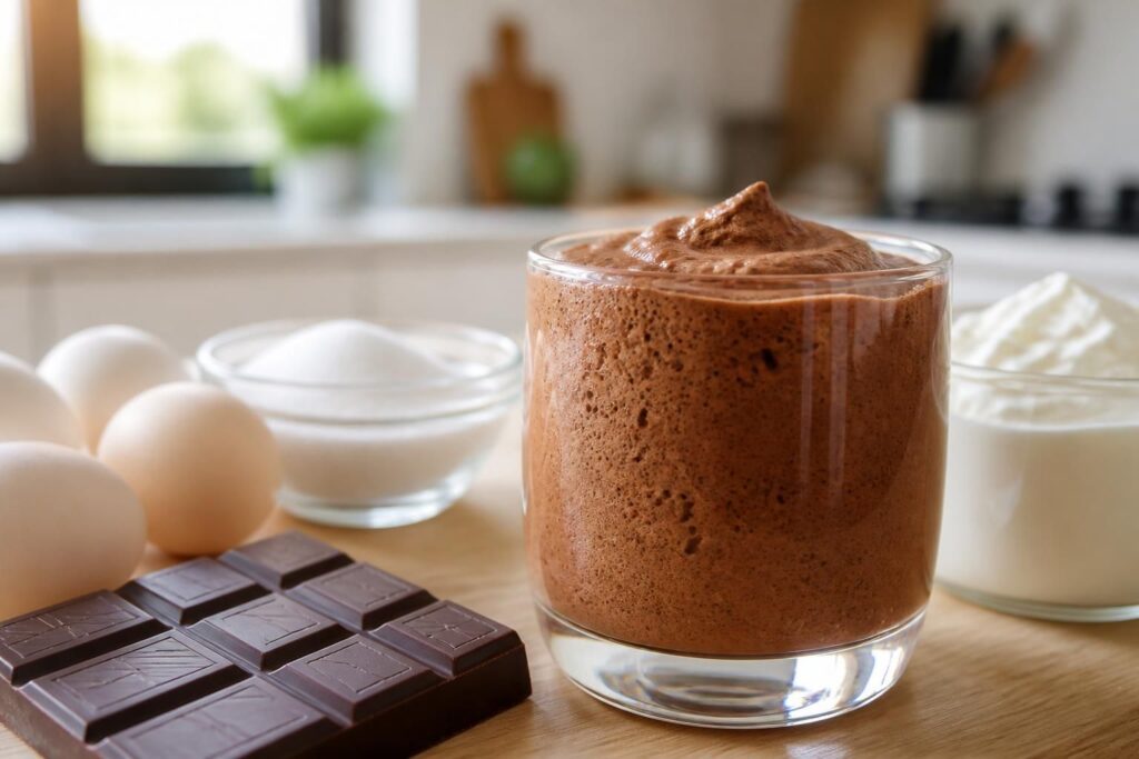 découvrez une recette simple et rapide de mousse au chocolat aérienne, réalisée avec seulement quatre ingrédients pour un dessert léger et délicieux.