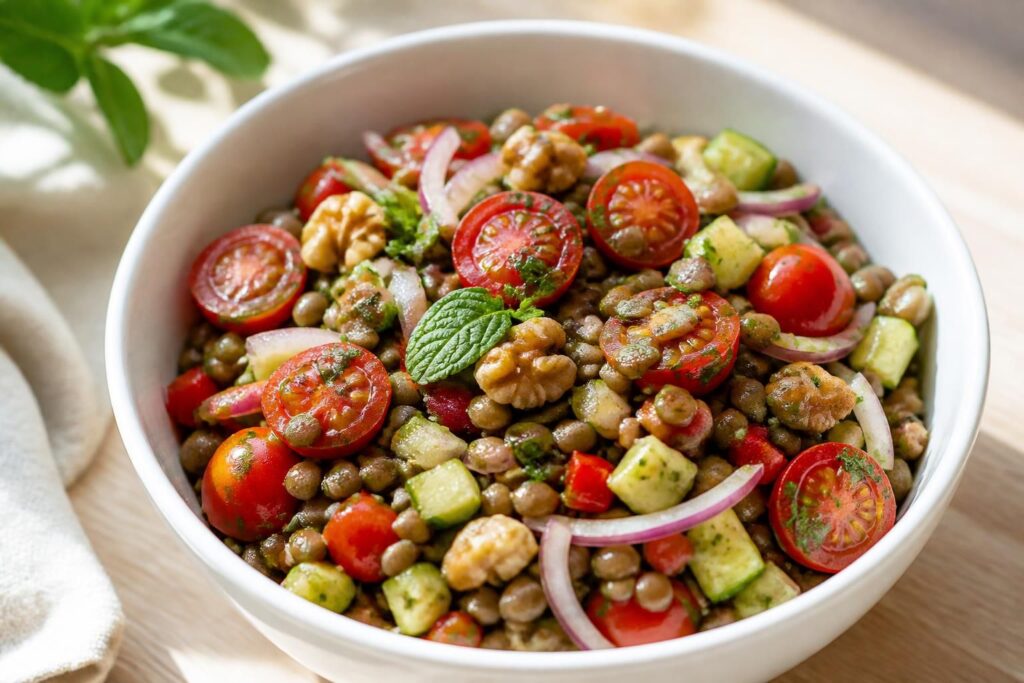 découvrez notre salade de lentilles riche en protéines et pleine de fraîcheur, idéale pour un repas sain et équilibré.